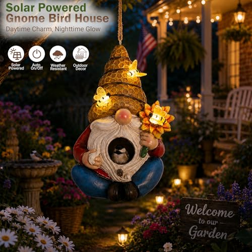 Yinns Bird House, Decorative Hanging Solar Gnome Birdhouse for Garden Decor | Birdhouses for Outdoors, Hanging Funny Bee Solar Gnome Birdhouse for Outside Cardinal Bluebird Wild Birds Nesting - color: D-Bee Solar Gnome