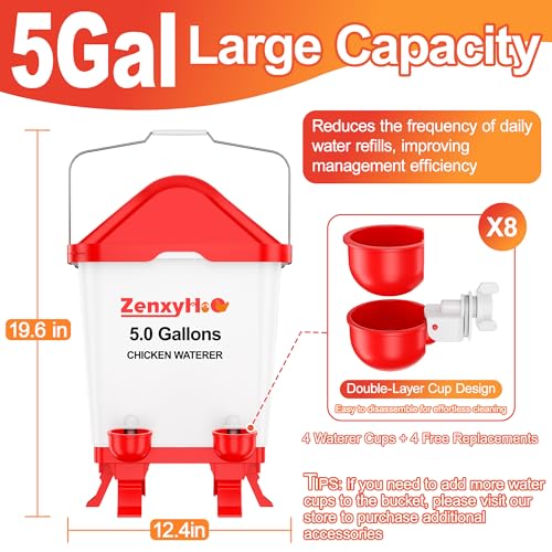 5.0 Gal Chicken Waterer Bucket with 4 Double-Layer Waterer Cups | Height-adjustable, Anti-roost Cone for Backyard Chicken Flocks - style: Waterer with Cups