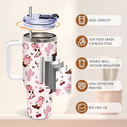 DUUV Pink Cowgirls Tumbler 40oz, Insulated Western Gift for Women | Western Tumbler Leakproof, Cowgirl Stuff Gifts for Westerns Lovers, Horseshoe Bull Cherry Mug, Mothers Day Ideal Gift, 1 Pack - color: Western Cowgirl