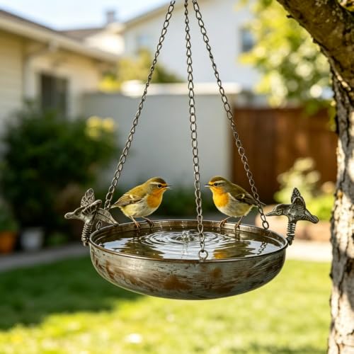 Hanging Bird Bath Feeder for Outdoor, 23" H Metal Birdbath | with Cast Iron Bird Decor, Vintage Tray for Garden Yard Patio, Green - color: Green