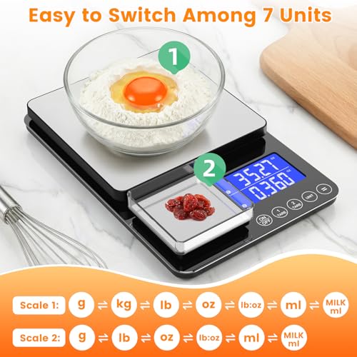 KKZ 0.001oz/33lb Kitchen Scale, Dual Platform Food Scale Grams and Ounces | Rechargeable, for Weight Loss Baking Cooking Meal Prep Sourdough Bread, Stainless Steel, Auto-off, Tare&Summation Functions - size: Rechargeable version