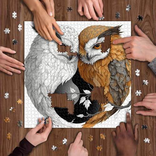 Yin Yang Owl Jigsaw Puzzle 1000 Pieces for Adults,Unique Bird Jigsaw Puzzle Features Dual Owl Balance, Black and White Animal Puzzle,Impossible Owl Home Wall Decor - style: PT-1018-Round Yin Yang Owl Puzzle