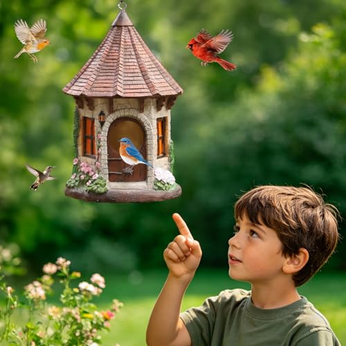 Bird Houses for Outside Resin Birdhouse Tile Roof Birdhouses for Outdoors for Bluebird Finches Cardinals Bird Nesting Garden, Patio, Yard - color: Grey