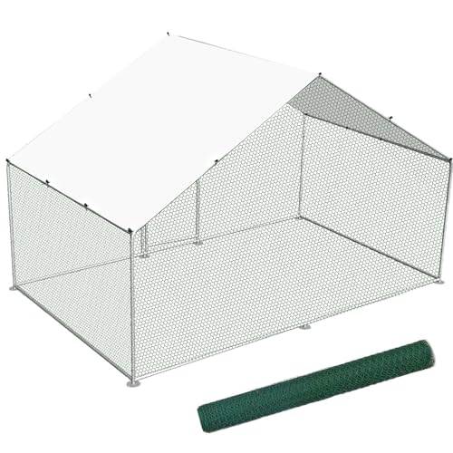 Metal Chicken Coop, 9.9 x 6.6 x 6.6 FT Large Walk-in Chicken Runs | with Cover, Spire Roof Hen House Enclosure with Security Lock, Outdoor Duck Rabbit Cage Poultry Pen for Backyard, Farm, Yard