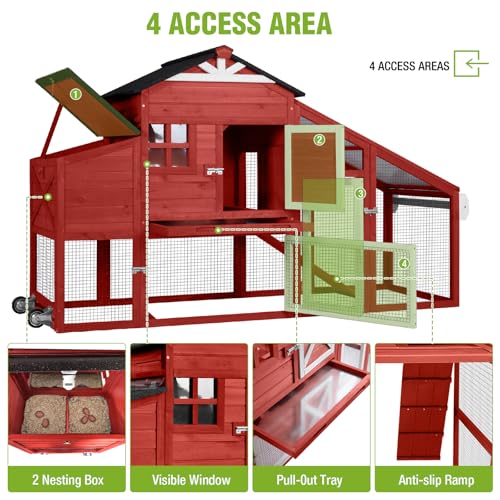 GUTINNEEN Chicken Coop with Wheels for 2-4 Chickens, Large Wooden Outdoor Hen House with Run, Waterproof & UV-Resistant Roof, Removable Leakproof Tray and Divided Nesting Box– Red - color: (Red-AIR32)