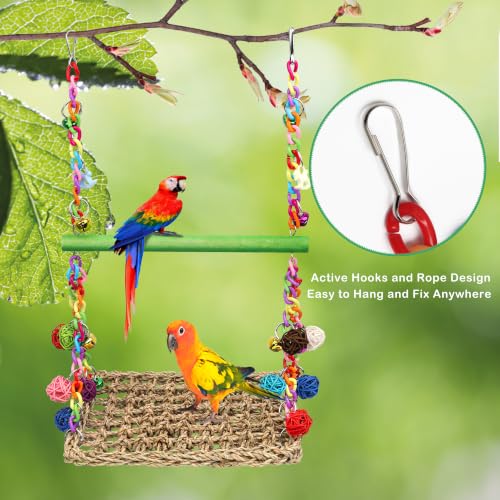 Bird Swing Mat with Wood Perch, AHIER Seagrass Bird Hammock for Conures with Chewing Toy for Parakeets, Budgie, Cockatiel Cage Accessories (Green Pole) - color: Green Pole