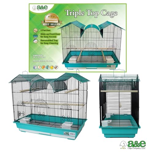 A&E Cage Co Triple Top Bird Cage for Parakeets & Finches, 26"x14"x23" Teal | Decorative Triple Roof, 2 Feeder Stations, 3 Wood Perches, Slide-Out Tray, Carry Handle, Safe Narrow Bar Spacing