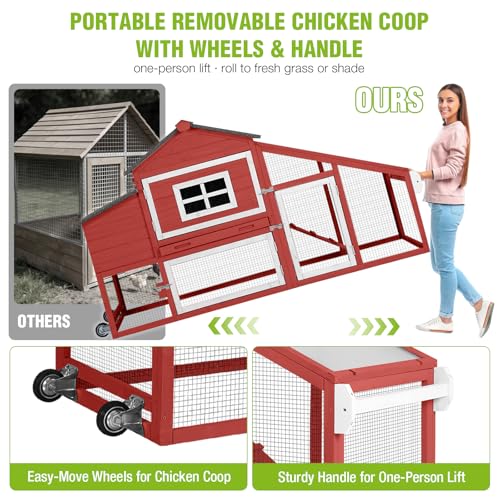 GUTINNEEN Large Chicken Coop with Wheels, Expandable Mobile Chicken House for Outdoor Use, Hen House Poultry Cage with Nesting Box, Leakproof Pull-Out Tray & UV-Resistant Roof – Red - color: (Red)