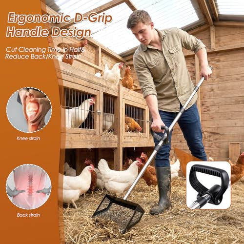 Biupky 10inch Chicken Poop Scooper & Rake, Chicken Litter Scoop with Handle for Chicken Coop & Pet Waste Cleaning for Chicken Coop, Goat Stall, Stable, Litter Sifting Shovel（24 to 63"