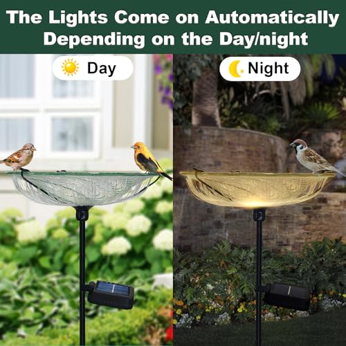 Bird Bath for Outdoors Solar Powered Glass Bird Bath Bowl with Metal Stake for Yard Lawn Garden Decorations, Transparent