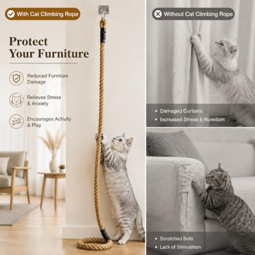 1.38" x 6.56Ft Cat Climbing Rope for Ceiling & Wall Mounted,Cat Climbing Sisal Rope Furniture Pole Scratching Post for Indoor and Outdoor Cats Scratching Playing - size: 1.38-6.56 FT