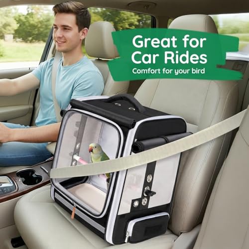 Mancro Bird Carrier Backpack for Small Birds, Cockatiel, Parrot | Bird Backpack with Tray and Standing Perch, Bird Travel Carrier Cage with Clear Window & Breathable Mesh Front for Vet Visits