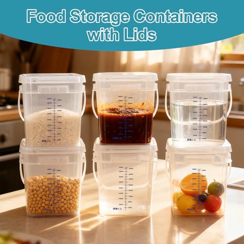 DEMORA Large Square Food Storage Containers with Airtight Lids for Soup Flour 4 Quart (4000ml), Graduated Reusable Plastic Food Containers Clear Buckets for Kitchen Pantry, BPA Free, 2 Pack