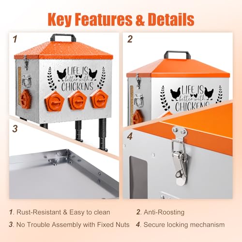 TGEYD 50LB Large Chicken Feeder – 8 Feeding Ports, No-Waste Poultry Feeder with Transparent Viewing Window, Anti-Roost Lid, & Scale-Mark Round Legs - size: 50LB