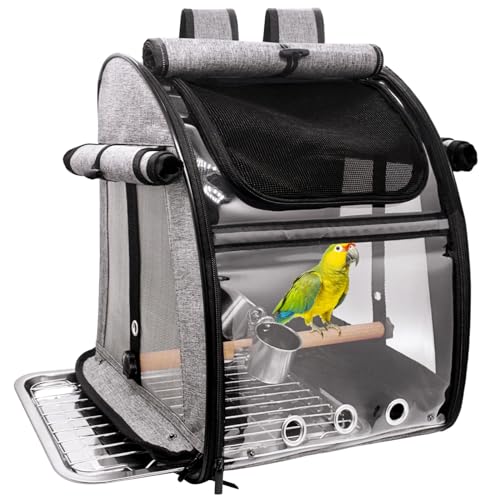 Bird Carrier Bag with Perch, Bird Travel Carrier Backpack with Stainless Steel Plate and Mesh, Portable Transparent Parakeet Travel Cage with Feeder Cups for Small Birds Parakeet Parrot