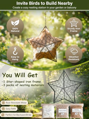 Handmade Alpaca Fiber Bird Nesting Star, Refillable Nesting Material Holder for Wild Birds & Hummingbirds, Natural Nesting & Outdoor Garden Decor Gift for Bird Lovers - color: star