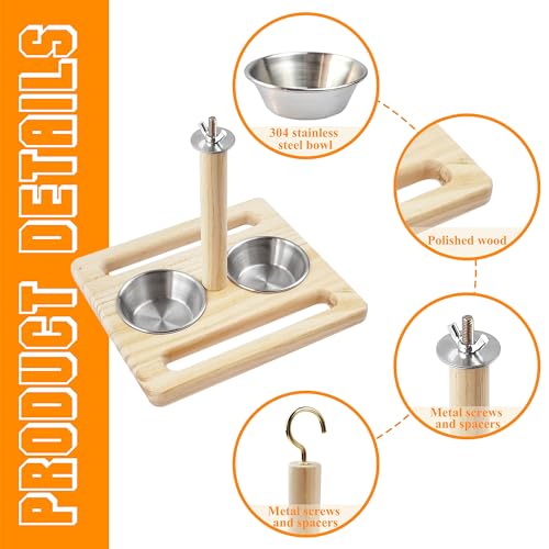 Bird Perch with Stainless Steel Feeding Bowl Cups,Parrot Wood Perch Stand Toy,Bird Cage Accessory,Parakeet Supplies for Parakeet Lovebird Cockatiel Conure Budgie Small Parrots(Small Size)