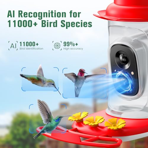 2.5K Hummingbird Feeder with Camera Solar Powered, Wireless Smart Bird Feeders for Outdoors, AI Identify Bird Species, Instant Notification, Ant Moat & Bee-Proof, Gift for Birds Lovers (Red)