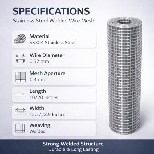 304 Stainless Steel Hardware Cloth Roll, Welded Wire Mesh for Chicken Coop, Garden Fence, Animal Barrier, Pest Control & DIY Projects (1/4" Opening, 15.7" x 20') - size: 1/4" Opening, 15.7" x 20'