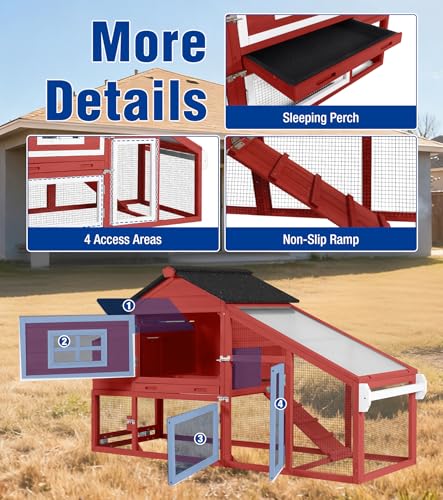 Chicken Coop with Run and Wheels Outdoor Poultry Hen House with Slide-Out Tray Chicken Cage Weatherproof Roof Predator-Proof for Backyard Red - color: 72.3"L Red & White