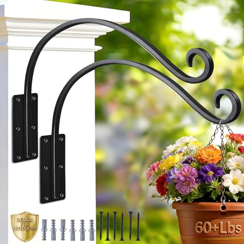 Heavy Duty 16 Inch Plant Hangers Bracket Outdoor 2 Pack Hanging Plant Hook | 60LBS Capacity, Rust-Proof Metal Wall Hook, Enhanced 6-Hole Base, For Hanging Plants, Bird Feeder, Wind Chime, Flower Baskets - size: 16in-2PCs