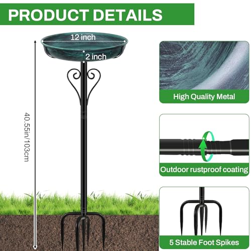 Metal Bird Bath for Outside, Vintage Freestanding Birdbaths with Metal Stake, Upgraded 5 Pronged Base Birdfeeder Feeder Bowl for Outdoors Garden Patio Yard Lawn Decor (Vintage Green) - color: Vintage Green