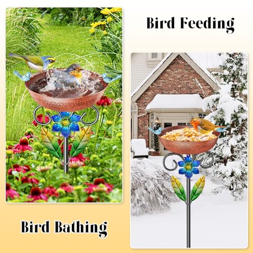 Metal Bird Bath for Outside, Vintage Freestanding Birdbaths & Birdfeeder Combo with Rust-Resistant Stake, Bird Baths Feeder Bowl for Outdoors Garden Patio Yard Lawn Decor - style: Brown+Flower