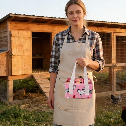 Eggs Collecting Basket, Durable Canvas Egg Basket with Plastic Board, 9-Pouch Chicken Egg Holder Bag for Gathering Fresh Eggs, Egg Gathering Basket and Multipurpose Chicken Holder Bag (Pink)