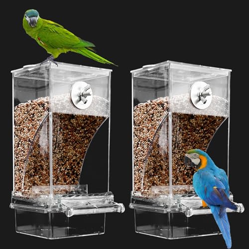 Automatic No Mess Bird Cage Feeder Acrylic Transparent Parrot Feeders | 2Pack Parakeet Food Container Cage Accessories for Small and Medium Lovebirds Canary Cockatoo Cockatiel Finch - color: Transparent