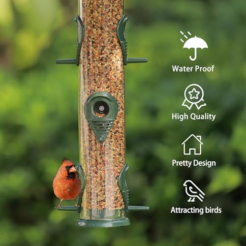 1PK Metal Bird Feeders with 6 Feeding Ports,Tube Bird Feeder with Steel Hanger,Hard Plastic Wild Bird Feeder for Outdoors Hanging, Attracting Birds in Your Lawn, Garden, Balcony–Green - color: Green 1 PACK