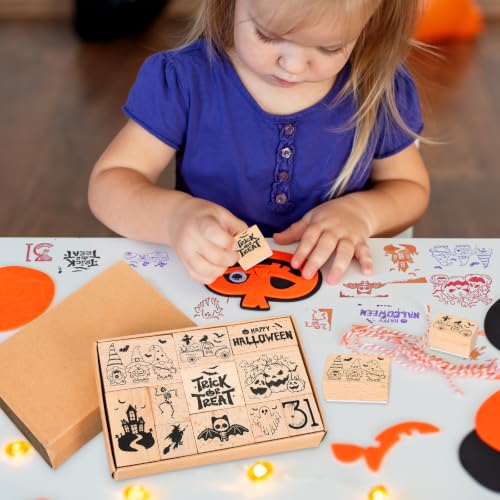 JarThenaAMCS 16Pcs Halloween Wooden Rubber Stamps Set 11 Pcs Spooky DIY Craft Card Stamps Pads with 5 Mixed Ink Pads for Party Gift Decor Scrapbooking Cards Making - style: Halloween