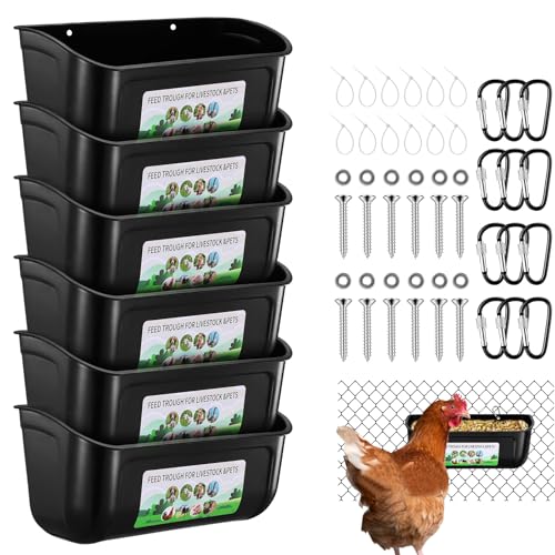 Chicken Feeder Waterer, 6 Pack Duck Feeder Supplies, Hanging Fence Feed Trough with Clips for Goat, Sheeple, Piglet, Gooses, Turkeys, Dog Livestock Poultry, Black - color: 6 pack Black