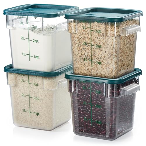 4 Pack Food Storage Container with Green Lid - NSF Commercial Grade in 4.0 Qt - Square, Clear, Polycarbonate - color: 4.0 Qt 4-Pack(Green Lids)