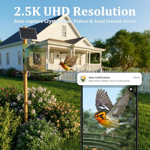 Smart Bird Feeder with Camera Solar Powered, Auto Capture 2.5K Videos | Free AI Bird Identification, with Light & Seed Guard, Live Bird Watching Camera Feeder, for Family,Bird Lovers - color: WhiteLight