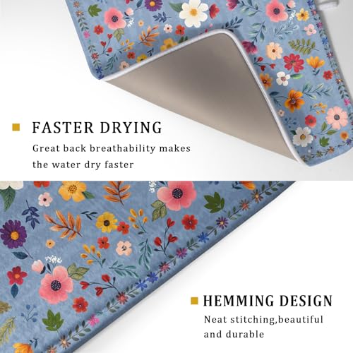Colorful Flower Dish Drying Mat - Blue Large Floral Coffee Mat for Kitchen Counter Decor 18 X 24 - color: Wildflowers Blue, size: 24" x 18"