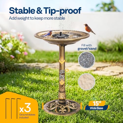 VIVOHOME Bird Bath with Solar Fountain for Outside, Pedestal, Golden | Solar-Powered Pump, Weather-Resistant Polyresin, 20-Inch Bowl, for Outdoor/Garden, Bird-Friendly, Easy to Clean - color: Golden
