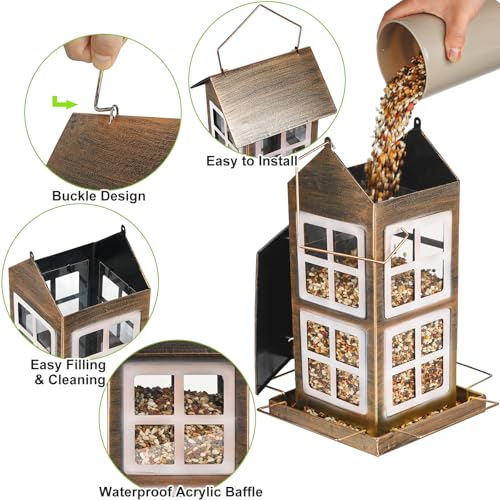 Bird Feeder, Waterproof Bird Feeders for Outdoor Hanging | Heavy Duty Metal, 6LB Large Capacity, 4 Perches, Drain Holes, For Outside Garden Yard Country Hanging, House Shape - size: Vertical