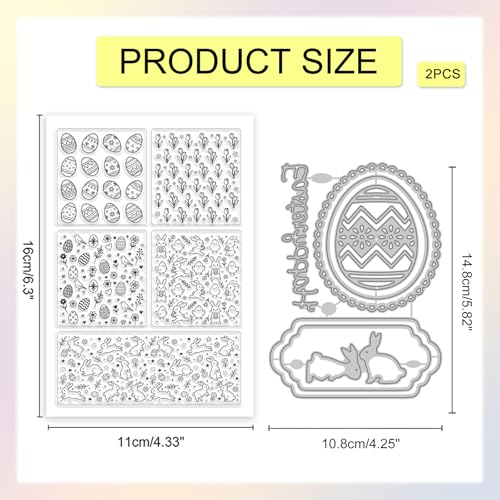 GLOBLELAND Easter Background Clear Stamps and Metal Die Cuts Spring Rabbit Transparent Stamp Easter Egg Frame Cutting Dies for Card Making Embossing Scrapbooking - style: Easter Background