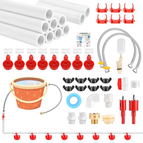 Automatic Chicken Waterer System, 8-Cup PVC Kit, with Float Valve | Gravity-Fed Poultry Watering Kit, 56 Accessories, Fits Chickens, Ducks, Quail, Leak-Proof PVC and Stainless Steel Hoses