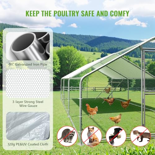Large Metal Chicken Coop Runs for Yard with Cover, 10x20x6.5 | Perch Bars, Split Doors, Waterproof Covers, Mesh Wire - color: Spire Top, size: 236.2"L x 118.1"W x 78.7"H
