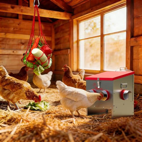 30LB Automatic Chicken Feeder, No-Waste Metal Poultry Feeder with 4 Ports, Predator-Proof Latch & Weatherproof Design, Includes Anti-Tip Ground Stakes & Vegetable Hanging Feeder - size: 30LB-4 Ports