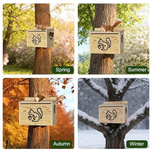 Wooden Squirrel House for Outside | Large Pine Wood Nesting Box with Front Open Panel, Easy Assembly Outdoor Animal Shelter for Backyard, Garden & Trees