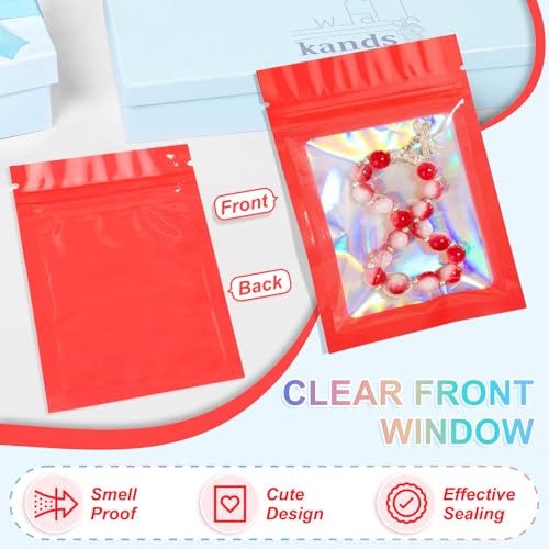 ANZNKU 100PCS Holographic Red Mylar Bags, Resealable Smell Proof 3.5x6.3 | with Clear Window, Small Business Packaging for Jewelry Candy Treat Sample Freebie, Sealable Foil Zipper Goodie Gift Baggies - color: Red, size: 3.5 x 6.3 Inch