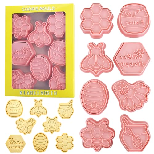 Bee Cookie Cutters with Cookie Stamps 8Pcs Honeycomb Fondant Baking Molds | Bee Honey Jar Honeycomb Cookie Molds, Ideal DIY Baking Supply for Bee Party, Baby Shower & Gift Making - color: Honeycomb