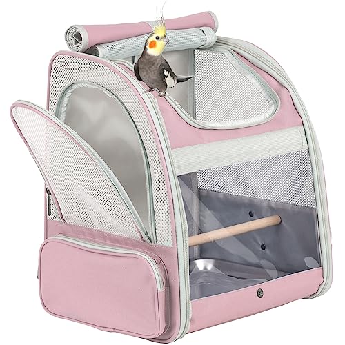 Bird Carrier Backpack with Wooden Stand Perch, Vented and Breathable Bag to Carry Parakeet Cockatiel Conure Parrot (Pink, Bird Backpack) - color: Pink