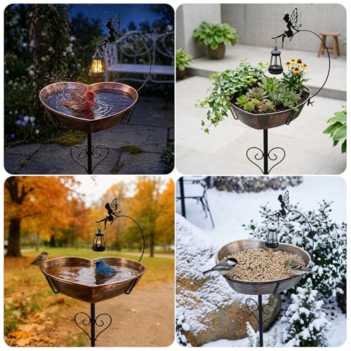 Bird Bath with Solar Lantern - 3.2" Deep, 13.8" Removable Bowl | Vintage copper finish, 35.7" rust-resistant 5-pronged stake, romantic garden gifts for bird lovers, mom, or grandparents