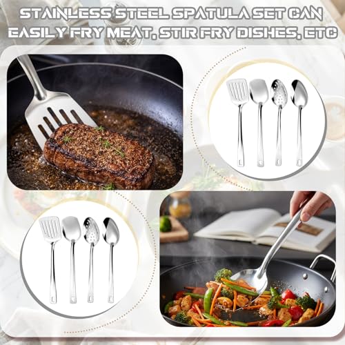 Zhehao 4 Pcs Stainless Steel Cooking Utensils Set Heat Resistant Stainless Steel Spatula Set, Include Slotted Turner Solid Turner Kitchen Skimmer Ladle Spoon with Long Handle, Dishwasher Safe, Silver