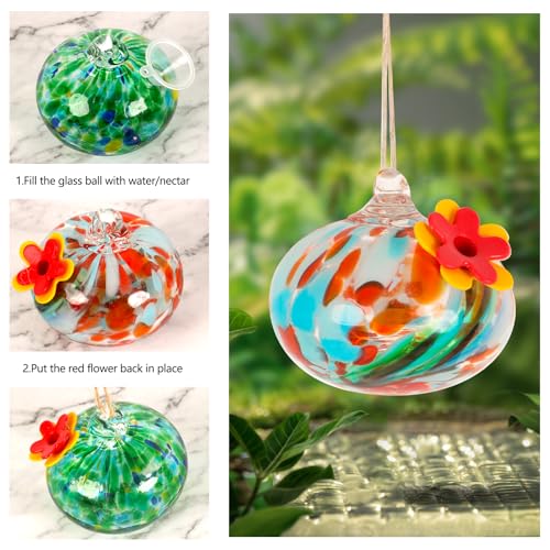 2 Pcs Blown Glass Hummingbird Feeder for Outdoors Hanging | Ant & Bee Resistant Window Bird FeederHandmade Garden Decor Gift for Women - Small Round Green Red Glass Feeders Bundle - color: Ellipse A2