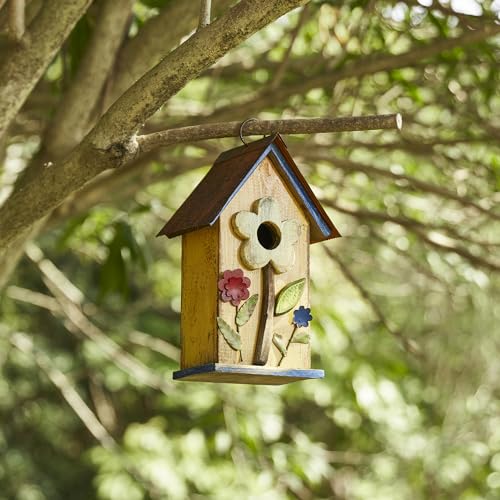 Glitzhome Bird Houses for Outside, 10.25" Wooden Bird House Hanging Birdhouse Distressed Flower Garden Bluebird House for Outdoor, Bird Nest Box for Bluebird Wren Chickadee Sparrow - color: 10.25"H Flower Washed Yellow