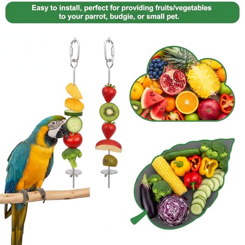 2 Pcs Birds Cage Food Holder with Hook, Budgie Cage Accessories Bird Fruit Feeder Vegetable Stainless Steel Birds Feeder Hanging Foraging Toy for Cages Macaw Parakeet Parrot (2 Sizes 11 and 9.1 inch)
